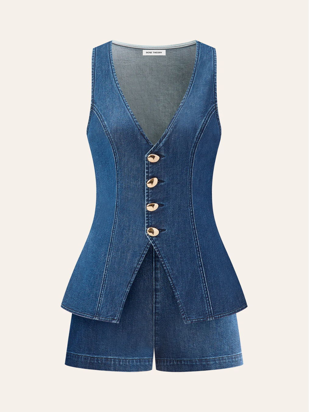 Metal Button Tie-Back Denim V-Neck Shorts Set