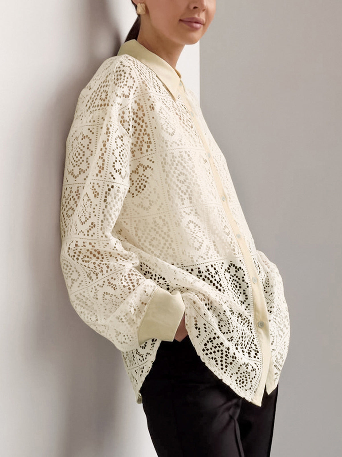 Oversized Semi-Sheer Eyelet Button Down Shirt