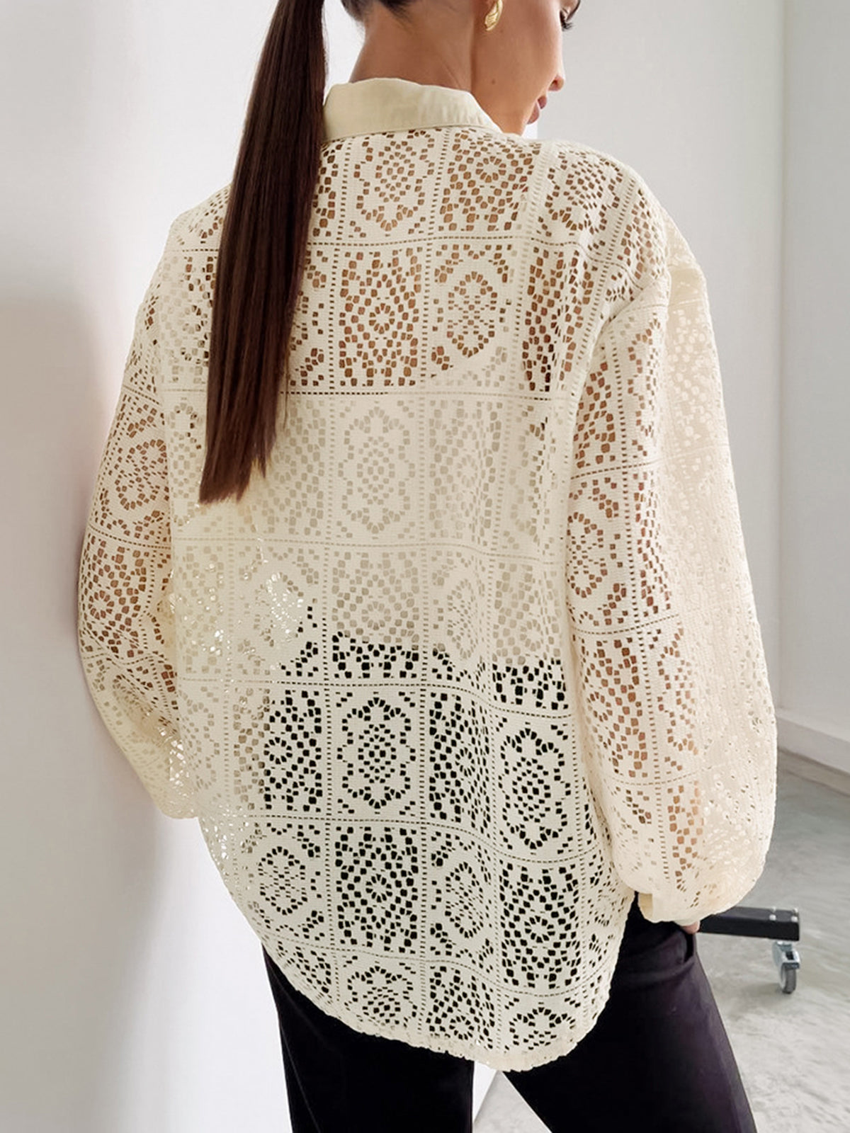 Oversized Semi-Sheer Eyelet Button Down Shirt