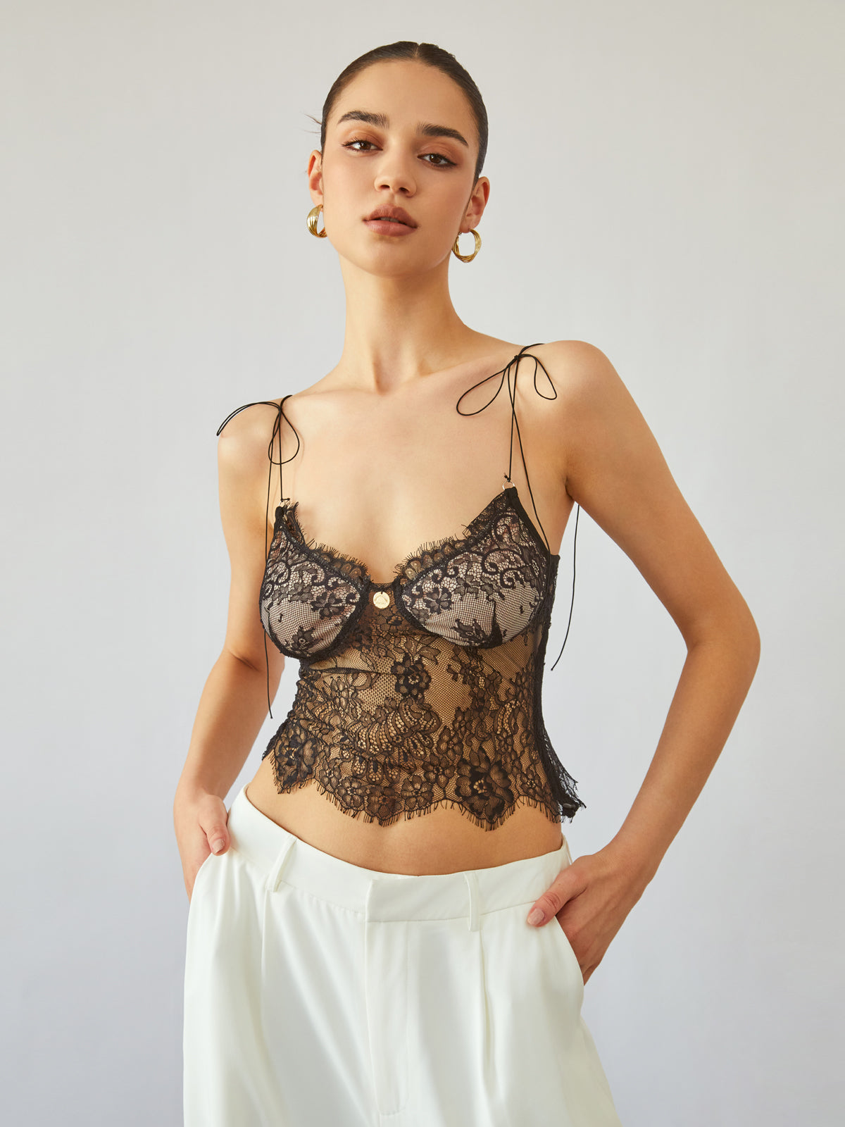 Sheer Tie Shoulder Floral Lace Cami Crop Top
