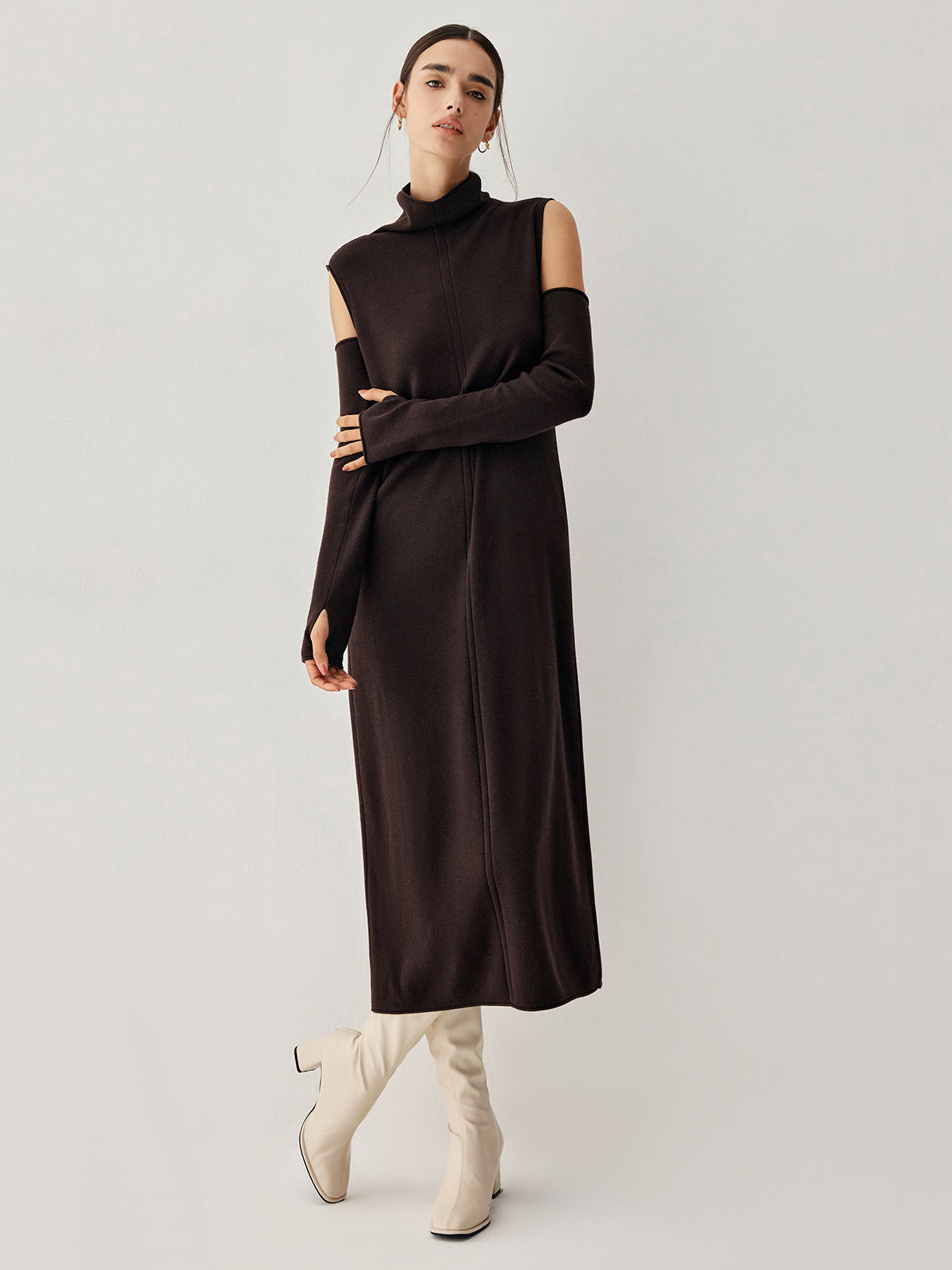 Mock Neck Long Sweater Dress With Gloves