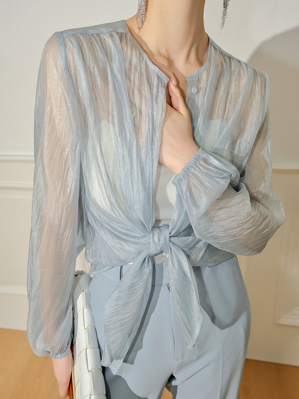 Semi-Sheer Through Long Sleeve Button Blouse