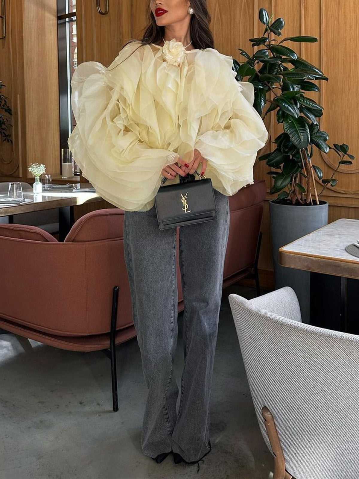 Semi-sheer Chiffon Ruffled Crew Neck Blouse