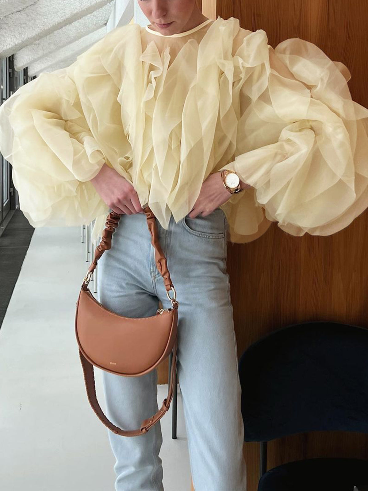 Semi-sheer Chiffon Ruffled Crew Neck Blouse