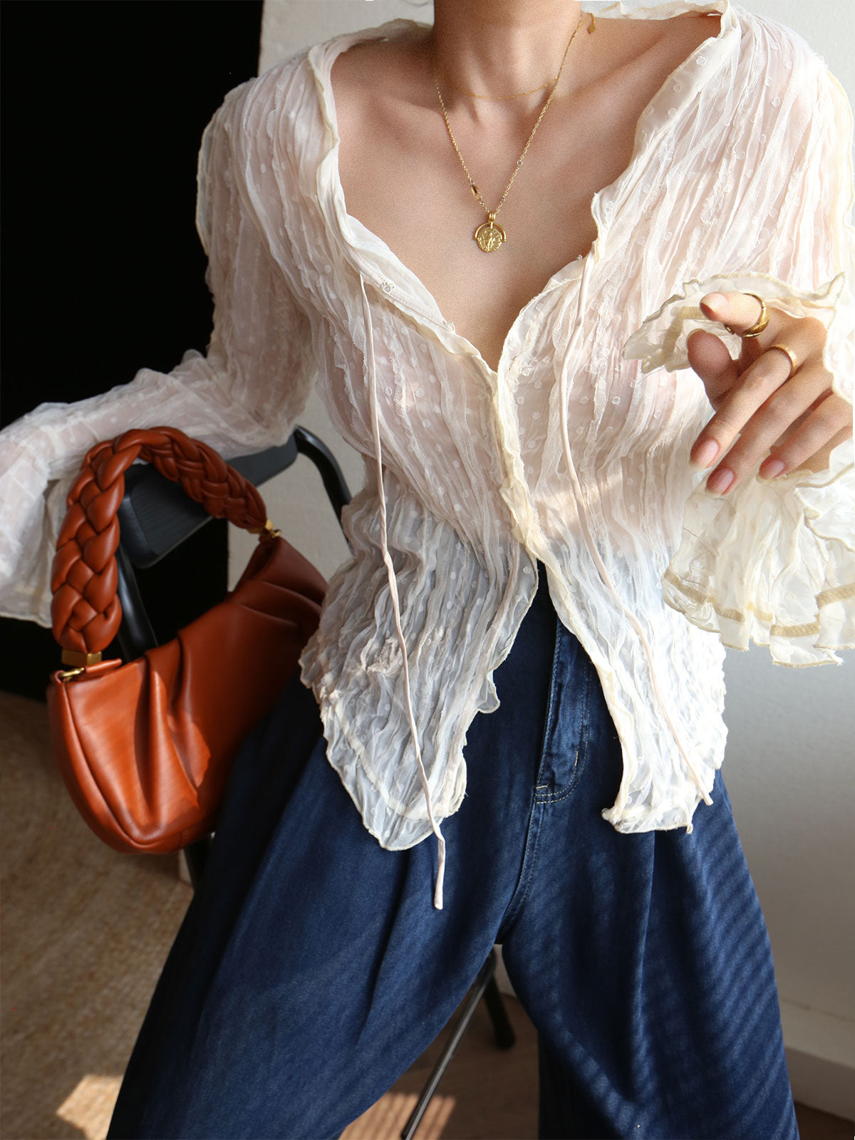 Chiffon Sheer Lettuce Trim Long Sleeve Blouse