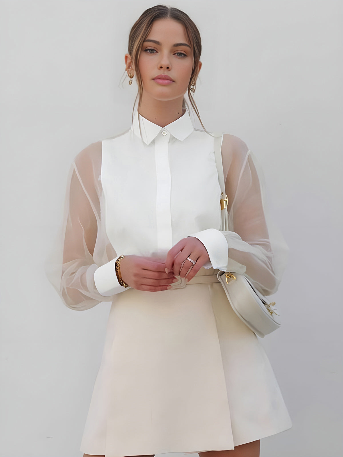 Semi-Sheer Puff Sleeve Organza Shirt