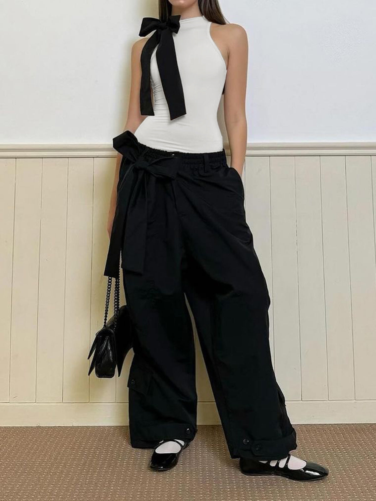 Semi-Sheer Bow Decorated Sleeveless Bodysuit