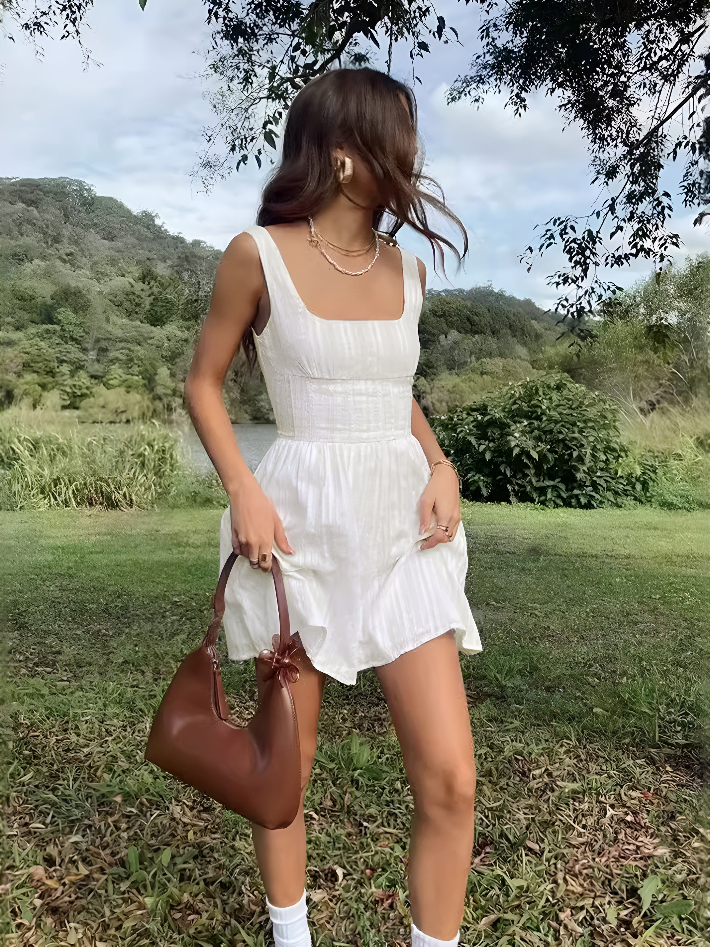 Semi-Sheer Solid Square Neckline Short Dress