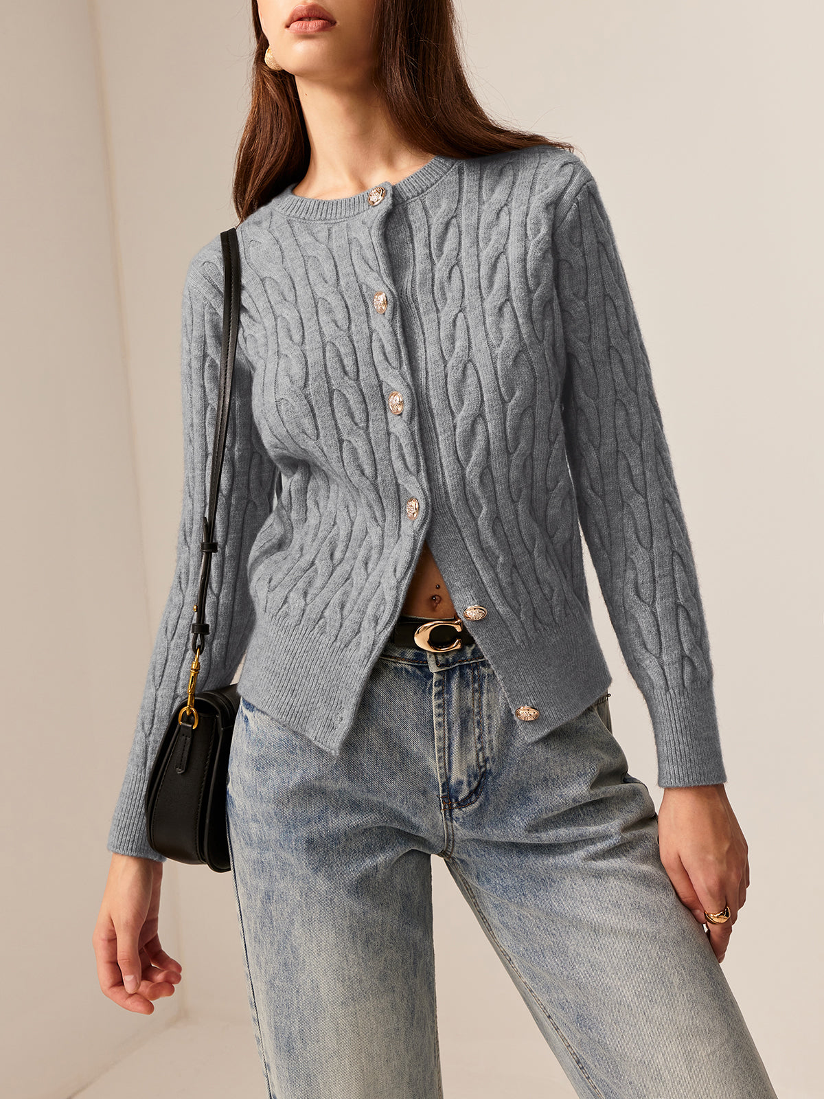 Crew Neck Button Down Cable Cardigan