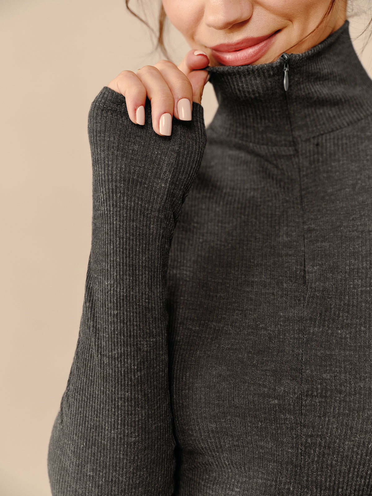 Turtleneck Ribbed Zipper T-Shirt