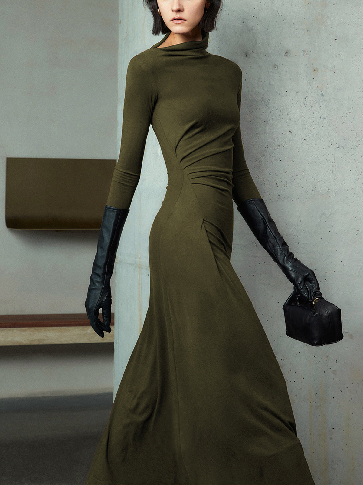 Bodycon Asymmetrical Neck Long Sleeve Ruched Maxi Dress