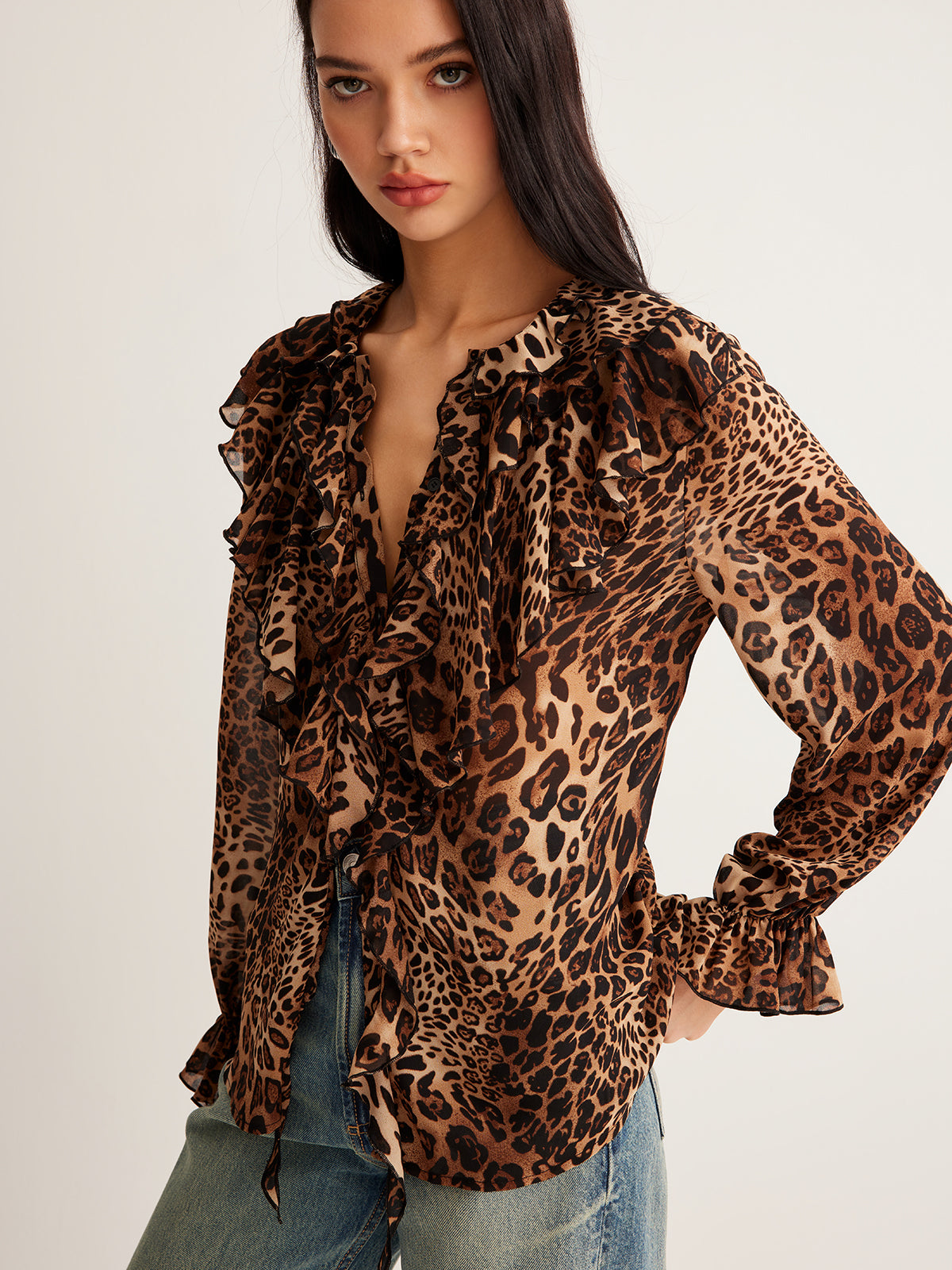 Leopard Printed Ruffle Blouse