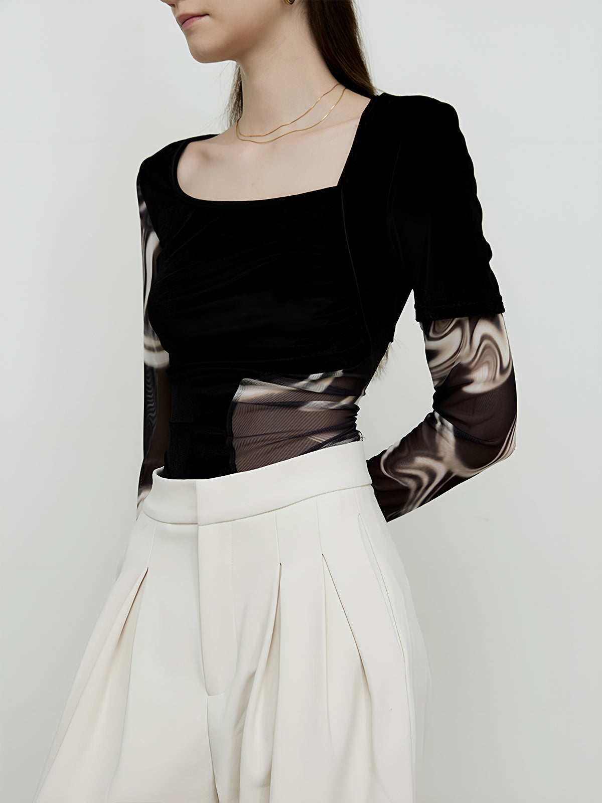 Semi-Sheer Geometric Printed Mesh Jersey Top