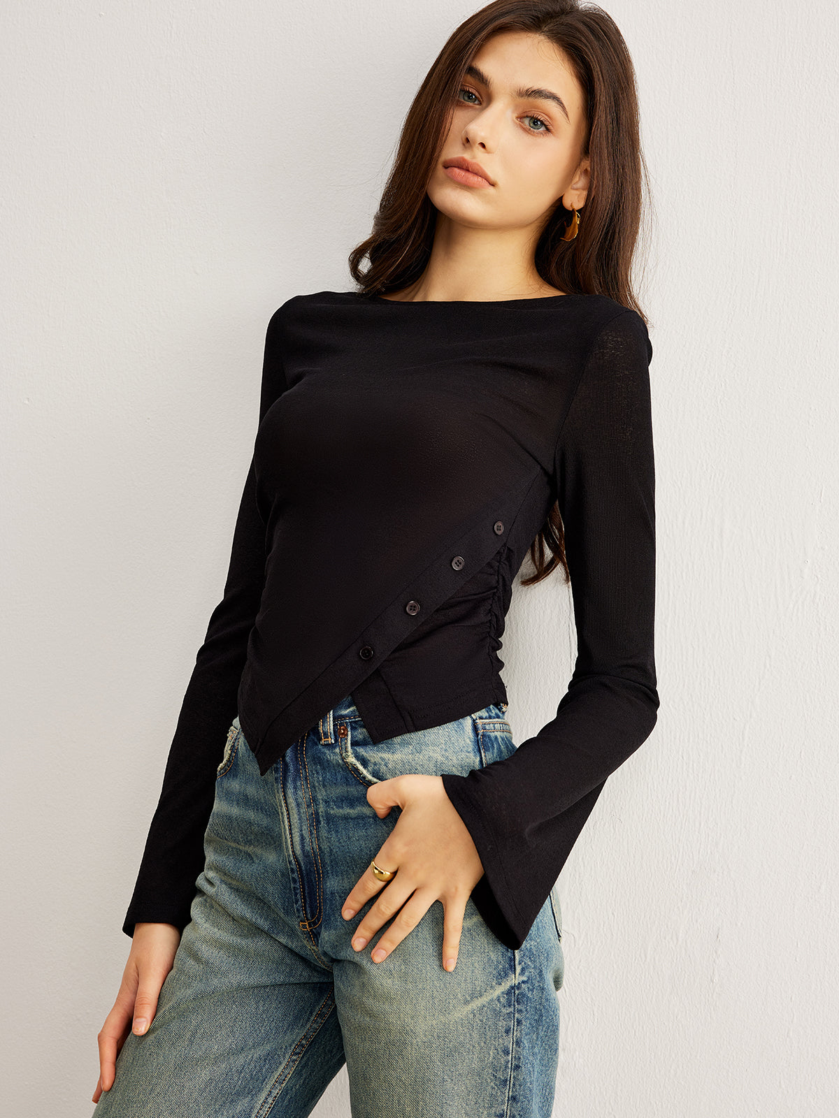 Semi-Sheer Bell Sleeve Side Button Jersey Top