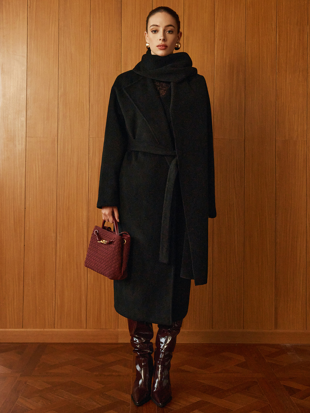 Versatile Belted Warm Coat With Matching Scarf