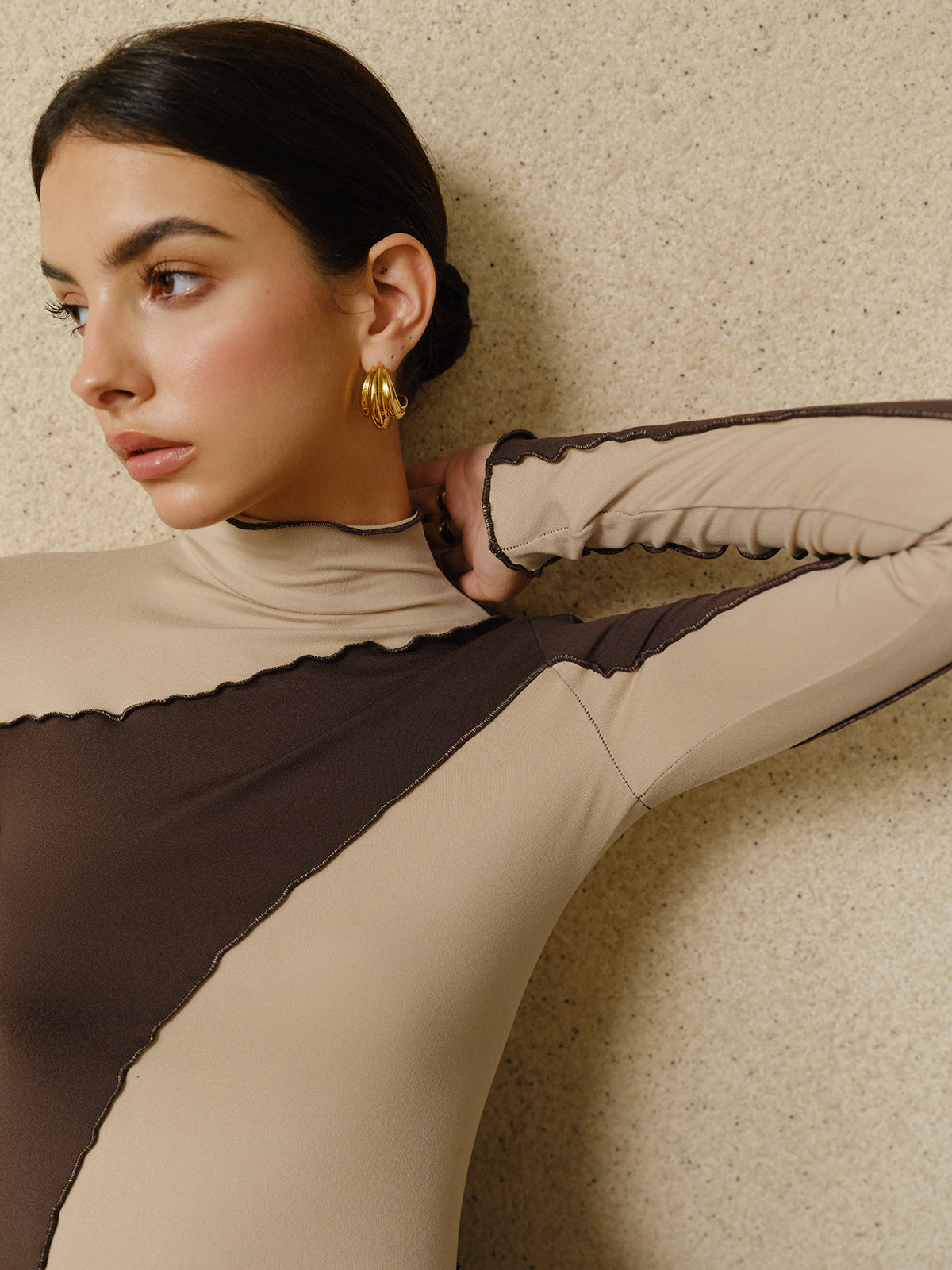 Semi-Sheer Color Block Lettuce Trim Jersey Top