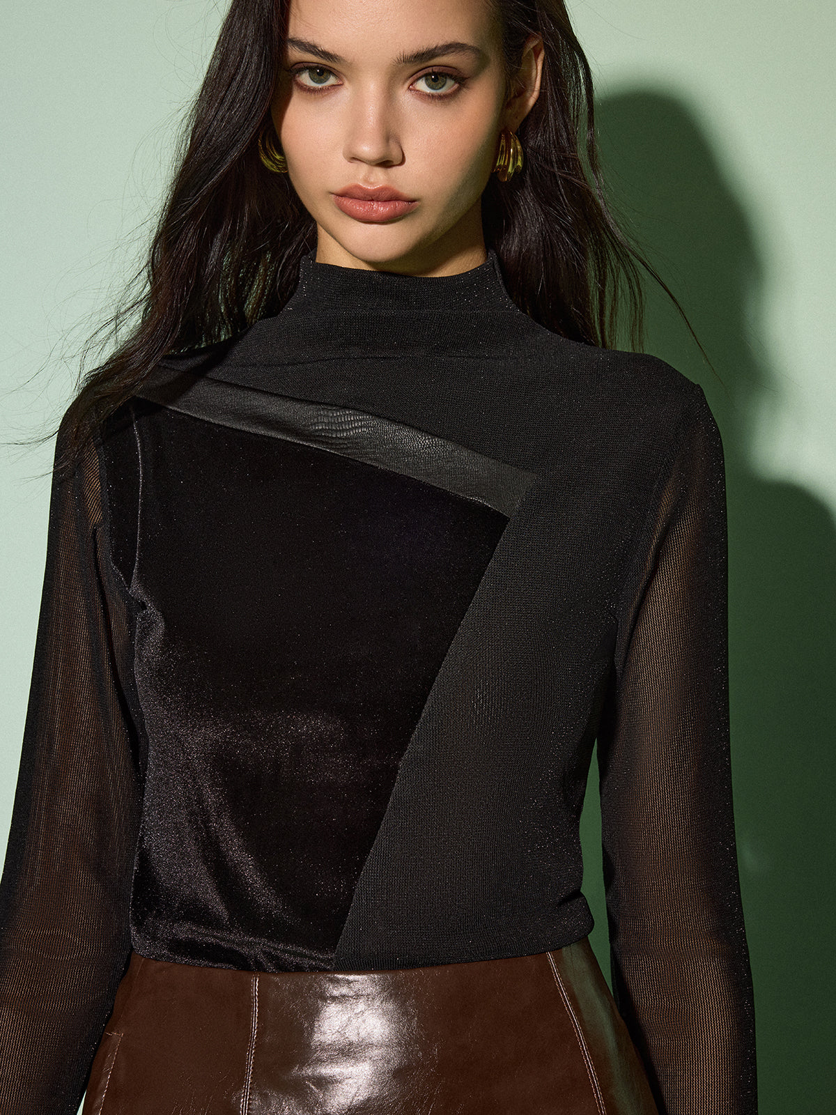 Mock Neck Velvet Mesh Slim Top