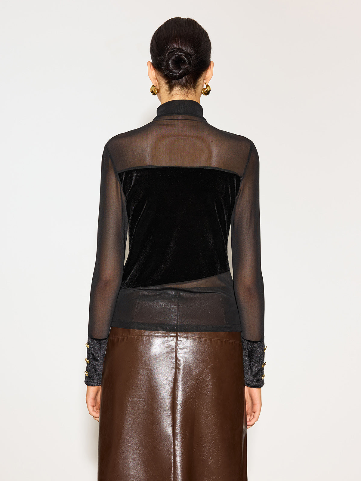 Stand Collar Cutout Mesh-Detail Velvet Top