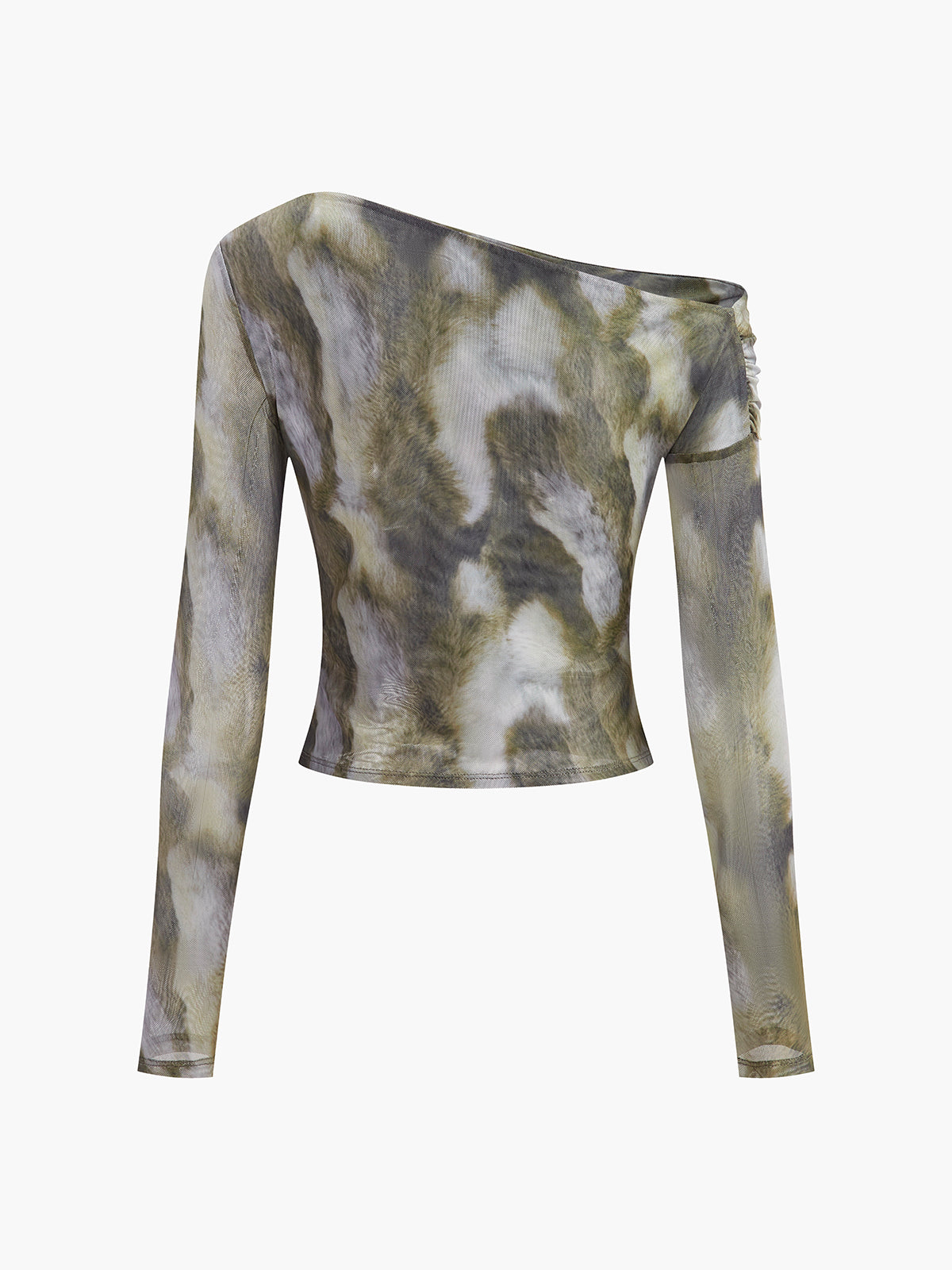 Semi-Sheer Asymmetrical Printed Crop Mesh T-Shirt