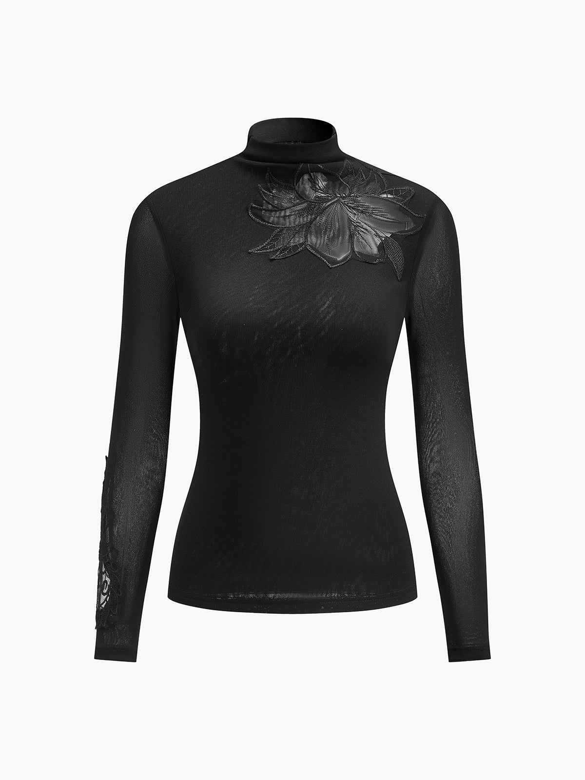 Semi-Sheer Mesh-Floral Slim Jersey Top