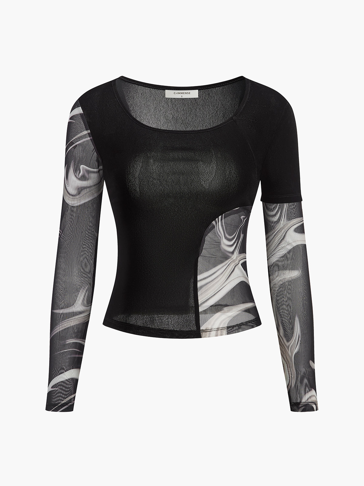 Semi-Sheer Geometric Printed Mesh Jersey Top