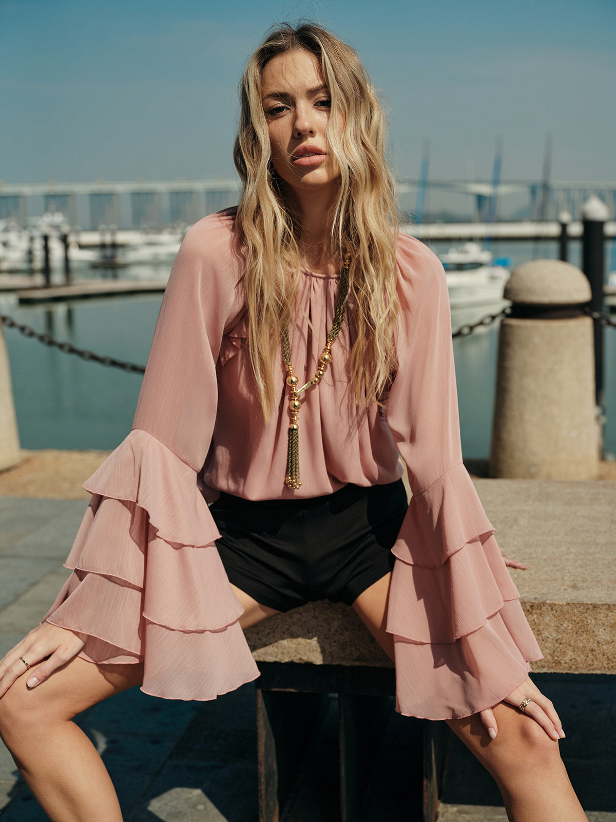 Chiffon Ruffle Sleeve Blouse