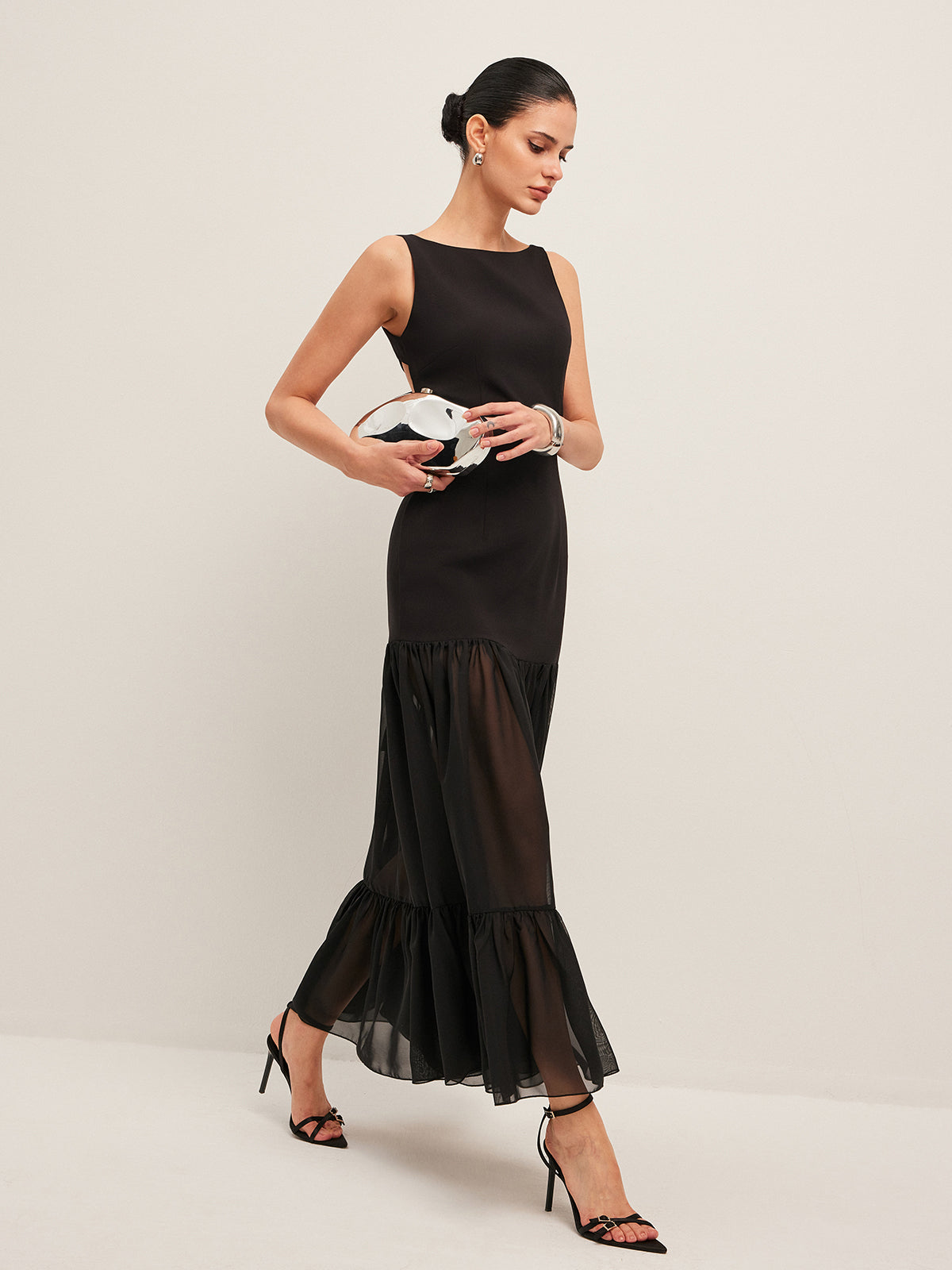 Sheer Panel Back-Tie Ruffled Hem Dress