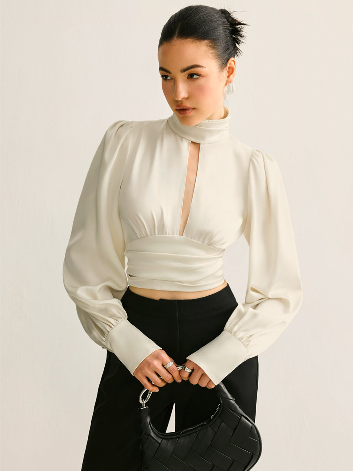 Backless Side Pleated Satin Blouse