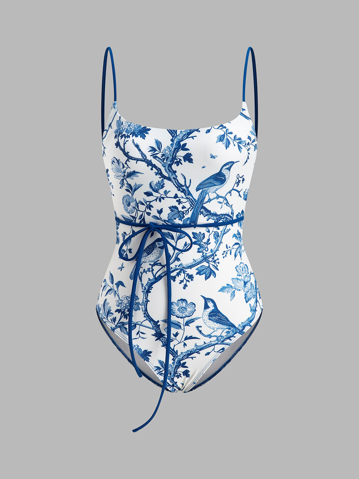 Bird Print Tie-Waist One-Piece Swimsuit