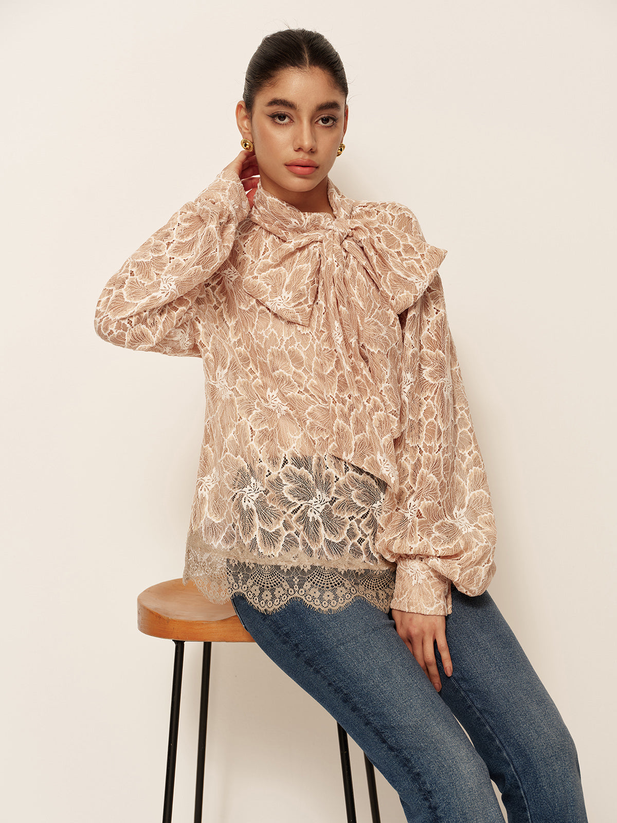 Semi-Sheer Bow-Front Lace Blouse