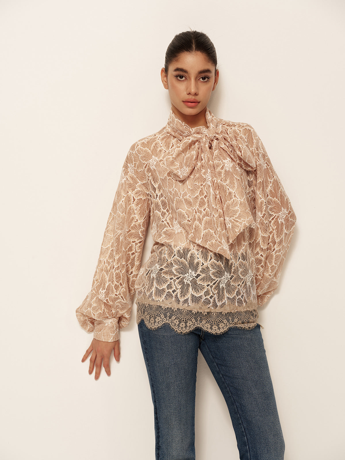 Semi-Sheer Bow-Front Lace Blouse