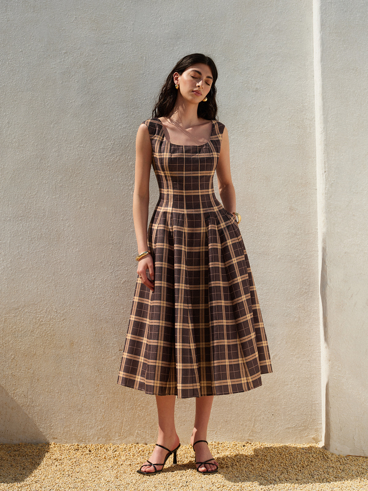 Square Neck Sleeveless Pleated Plaid Dress
