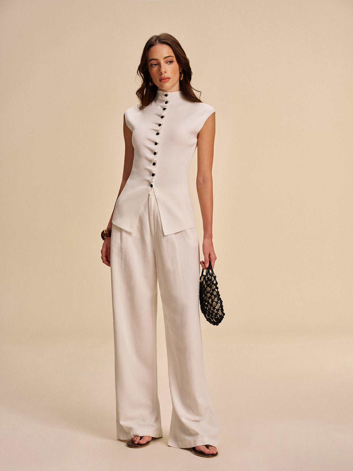 Button-Front Sleeveless Cardigan