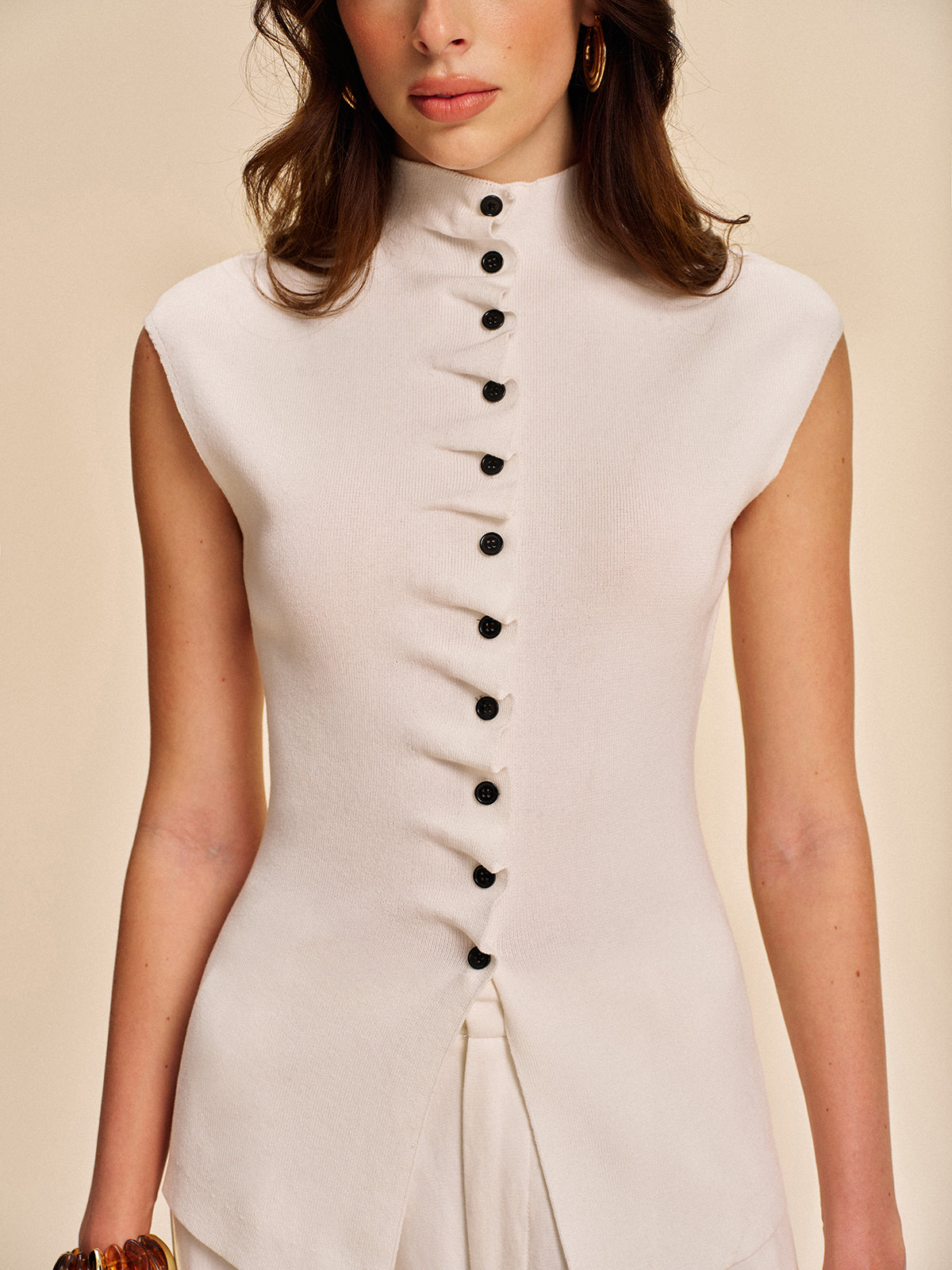 Button-Front Sleeveless Cardigan