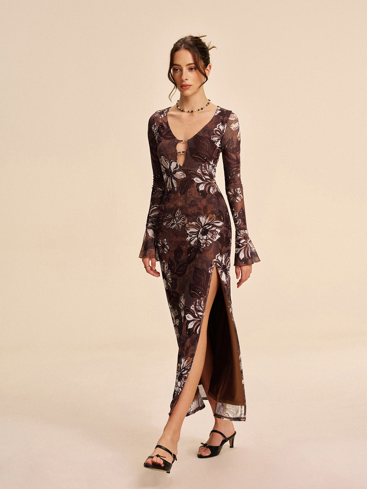 Semi-Sheer Mesh Floral Cutout Slit Dress