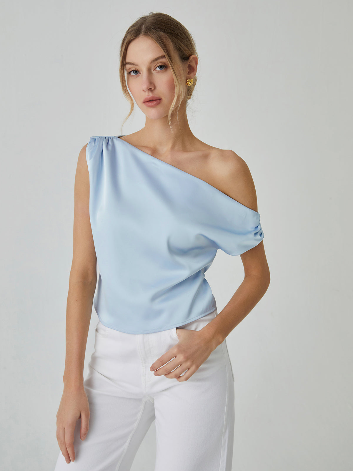 One Shoulder Off Knotted Blouse