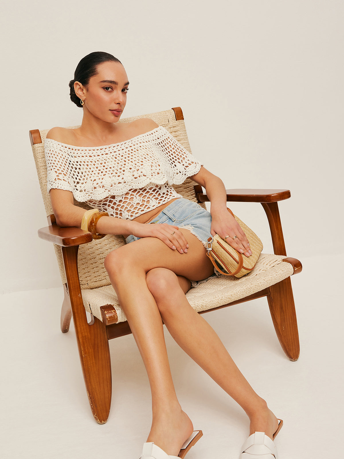 Off-Shoulder Hollow Knit Top