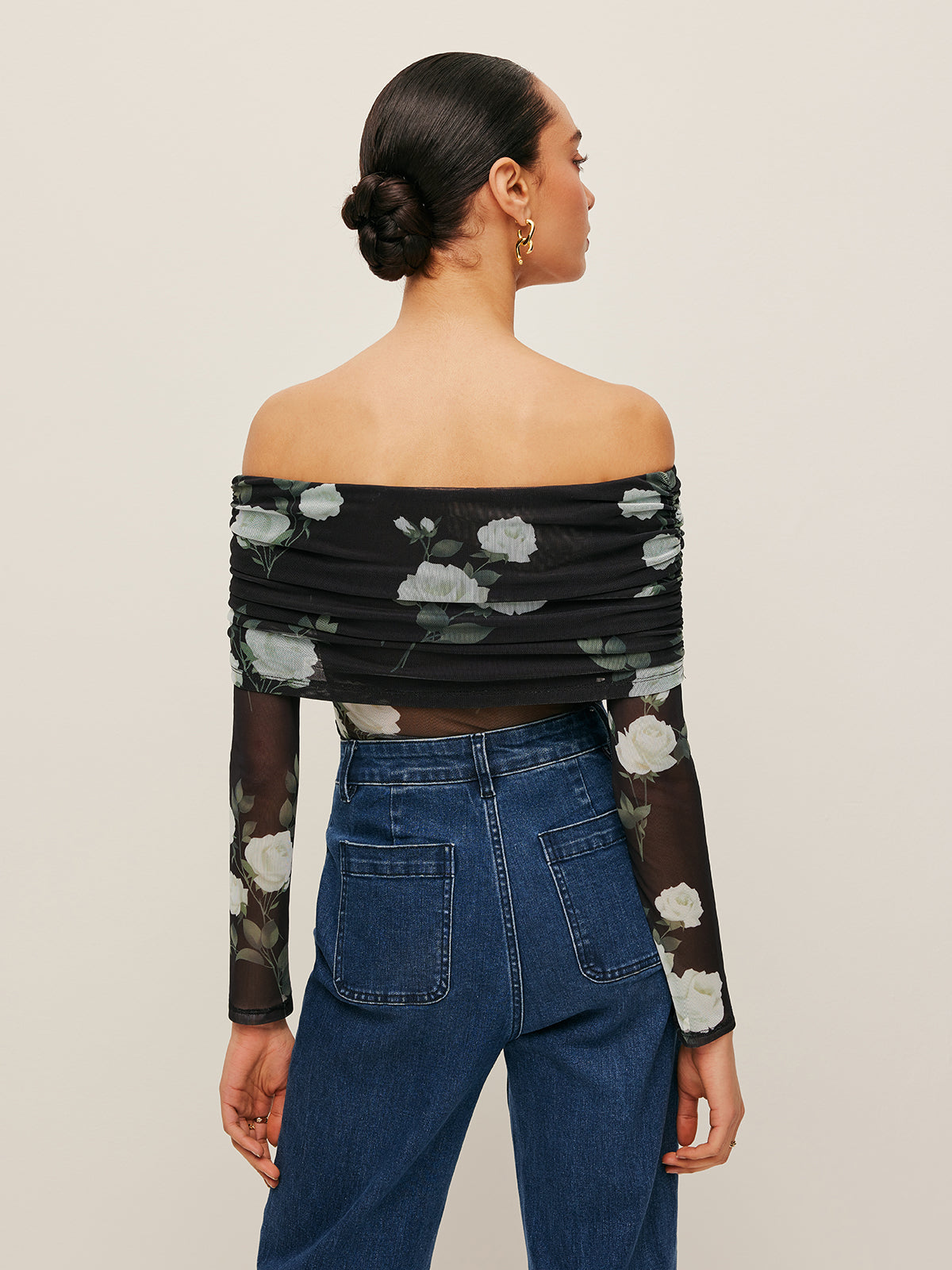 Semi-Sheer Floral Off-Shoulder Mesh Sleeve Top