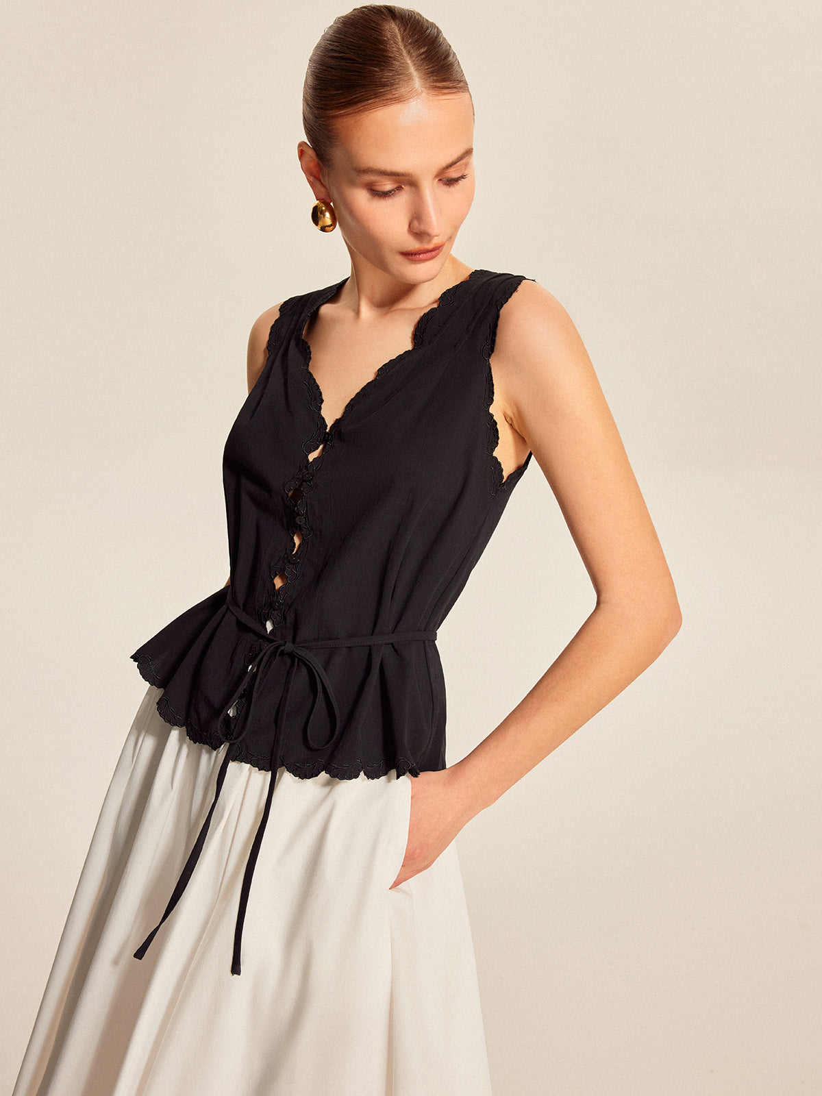 Lace-Trim Scalloped Button-Up Top