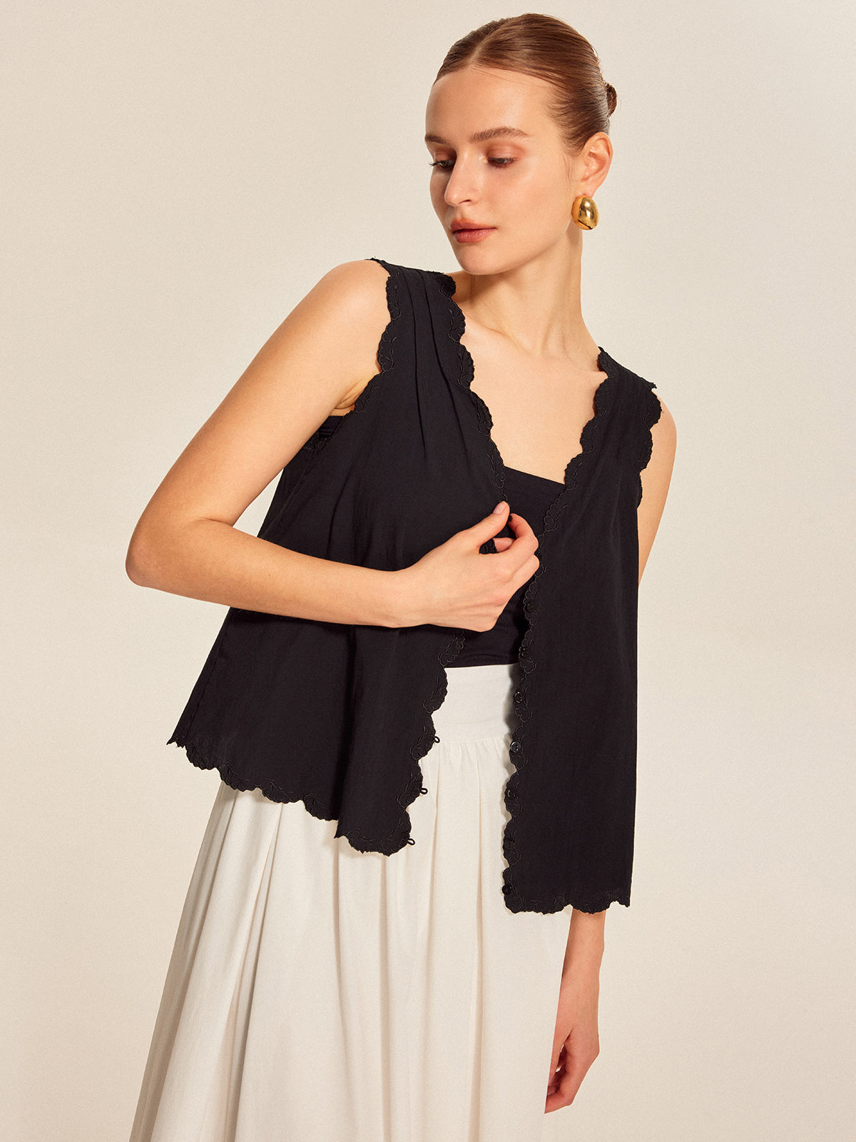 Lace-Trim Scalloped Button-Up Top