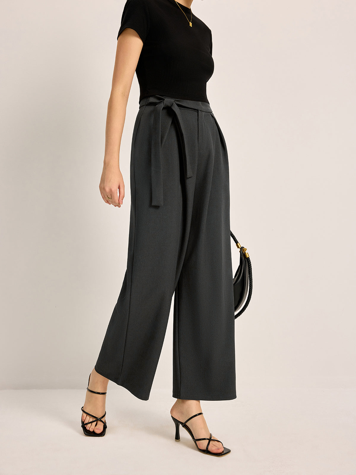 Mid-Waist Tie Belt Pants With Pockets