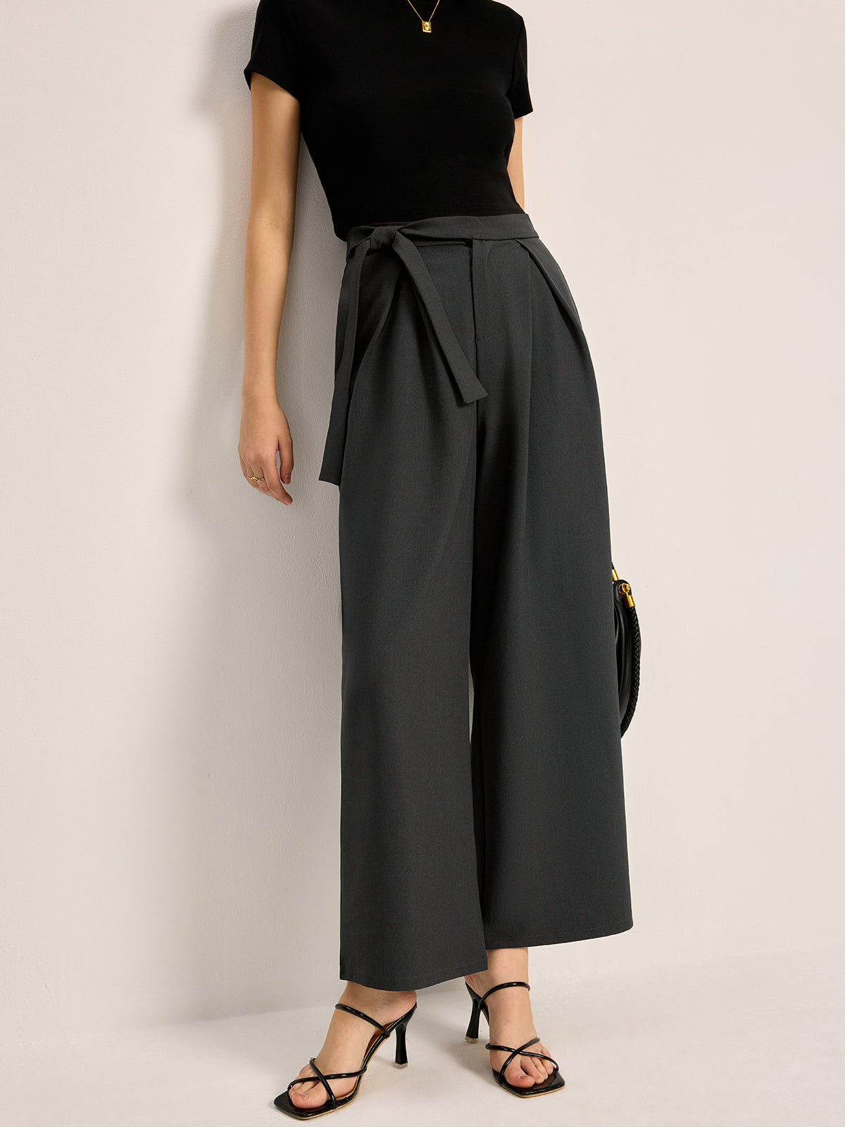 Mid-Waist Tie Belt Pants With Pockets