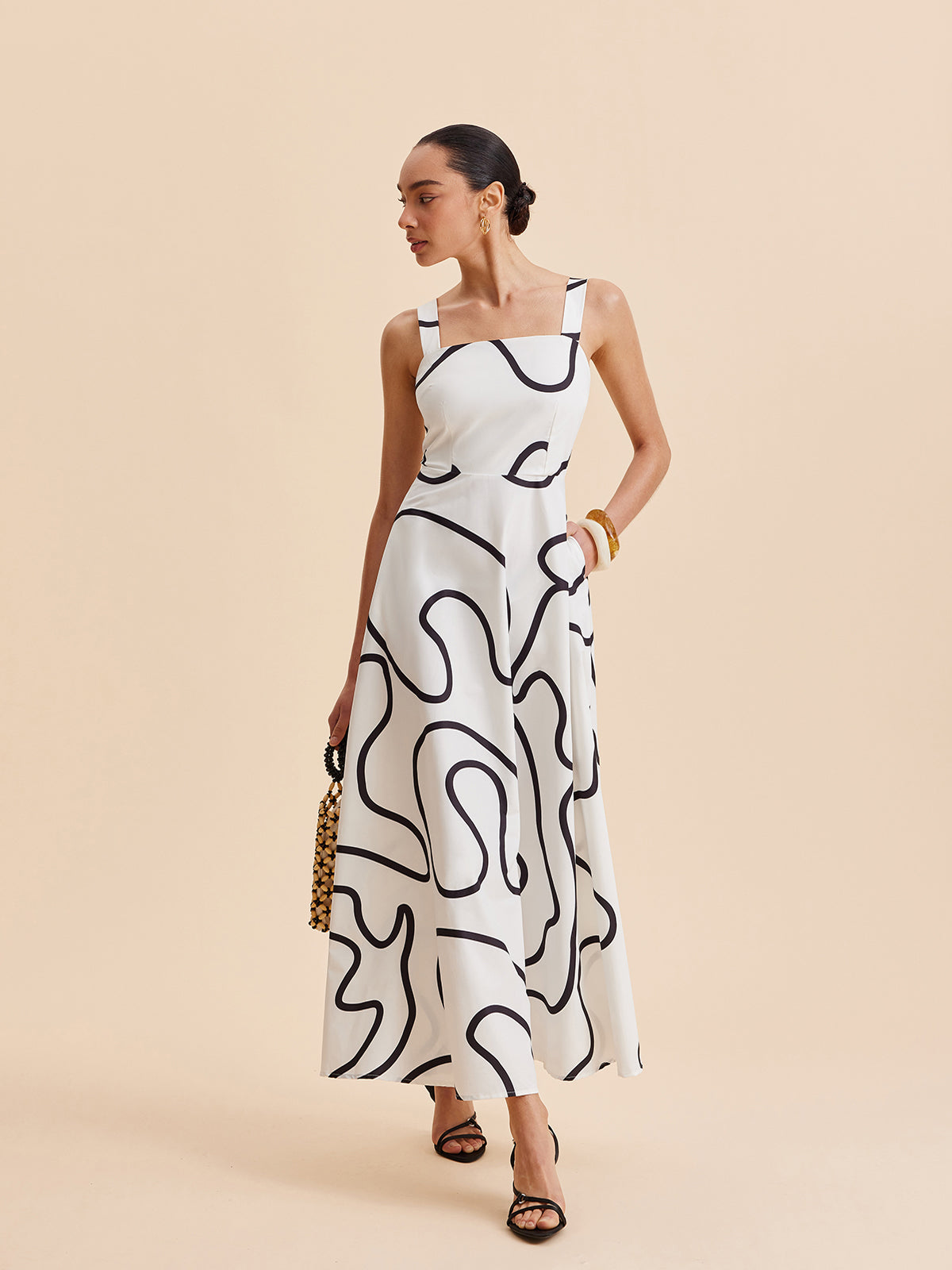 Abstract Line Print Square Strap Dress