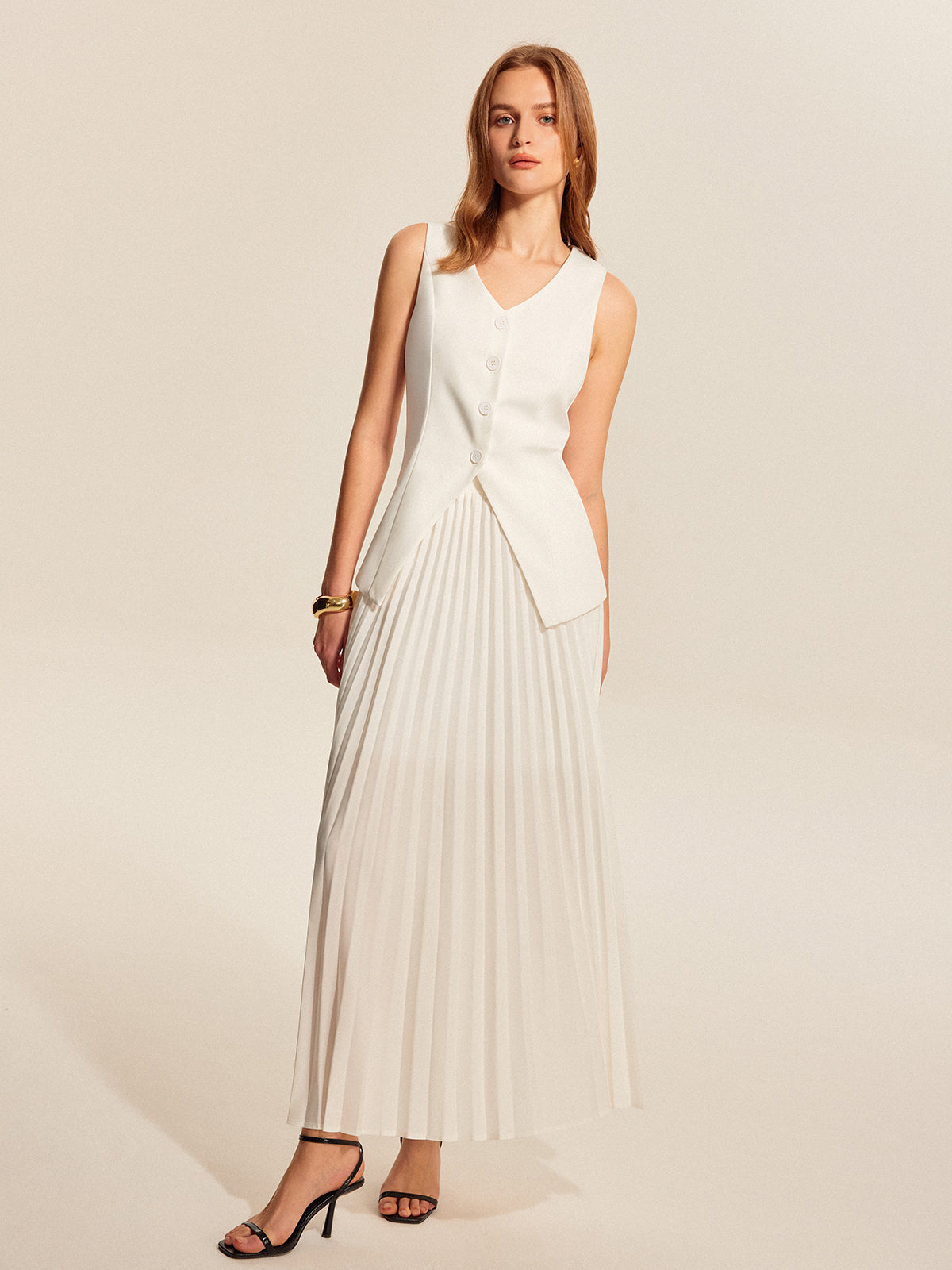 Buttoned Vest Pleated Skirt Set