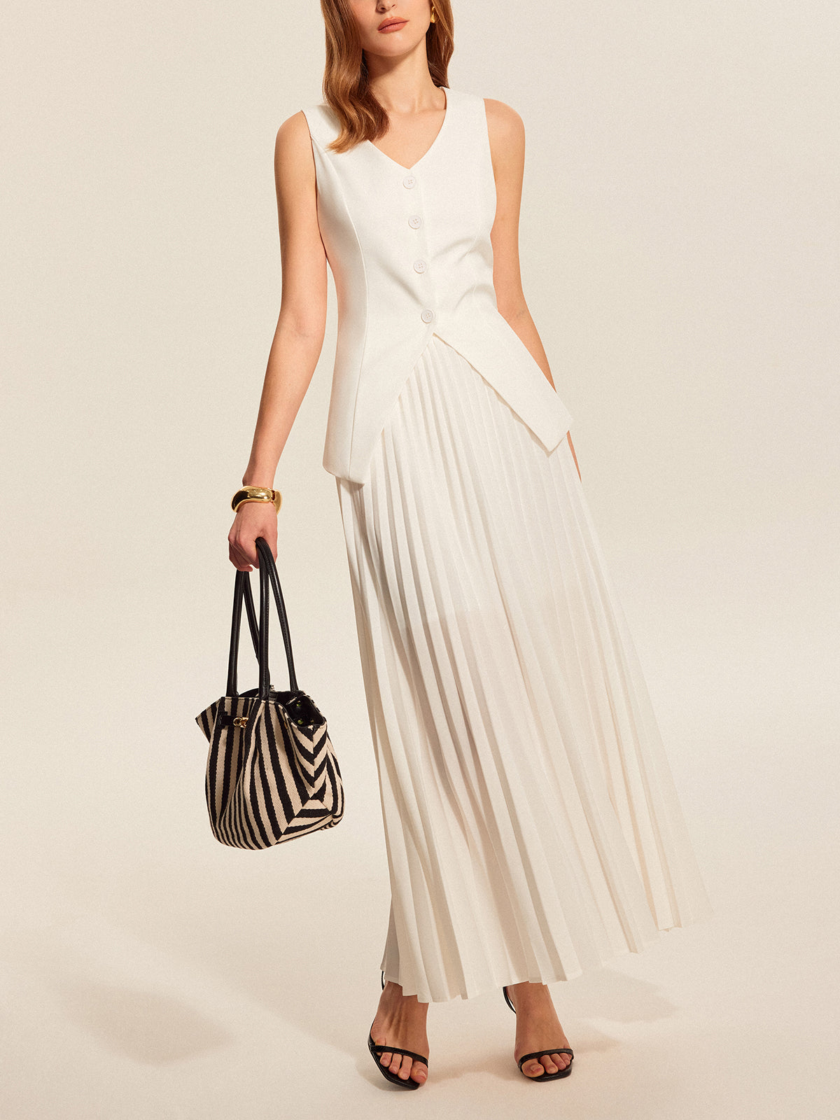 Buttoned Vest Pleated Skirt Set