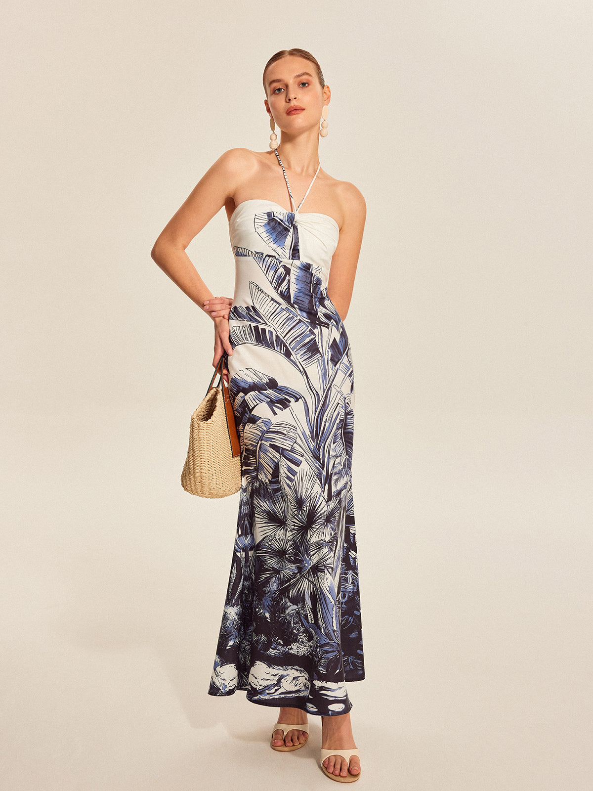 Print Tie Halter Strapless Dress