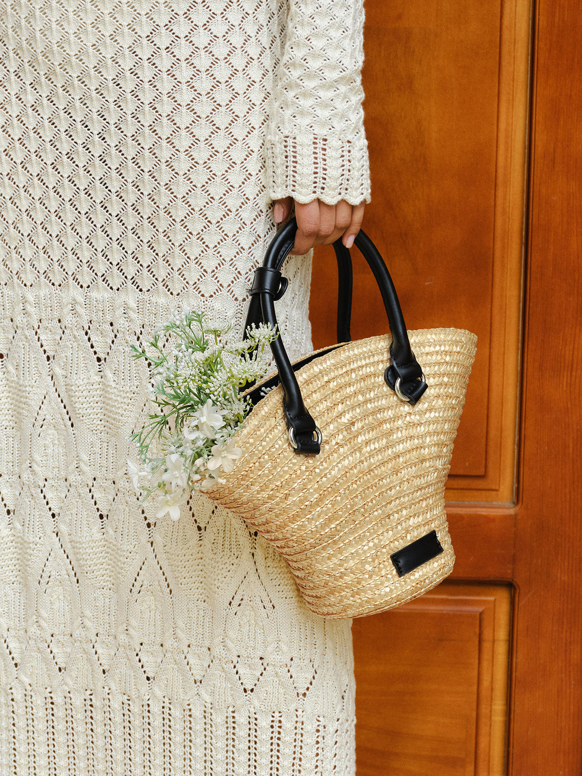 Leather Handles Straw Tote Bag