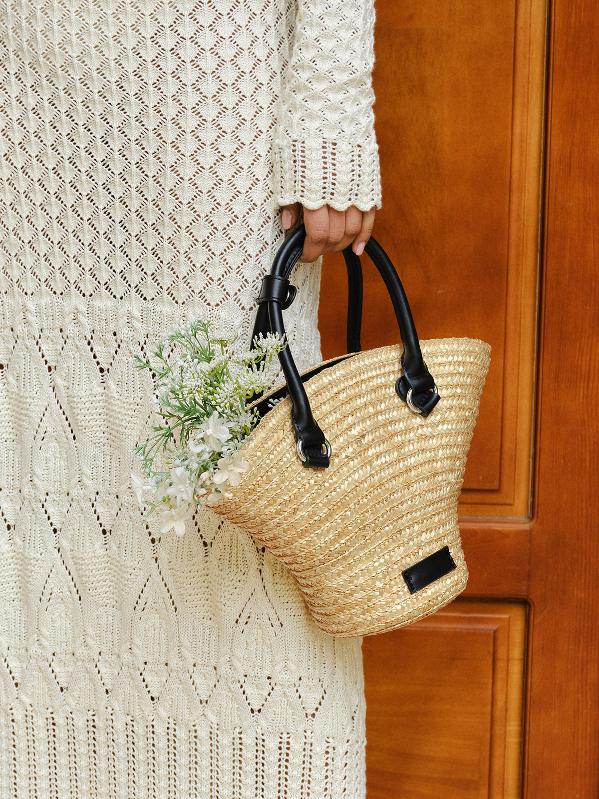 Leather Handles Straw Tote Bag