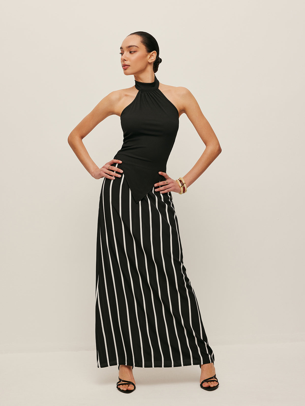 High Neck Asymmetric Panel Stripe Skirt Set