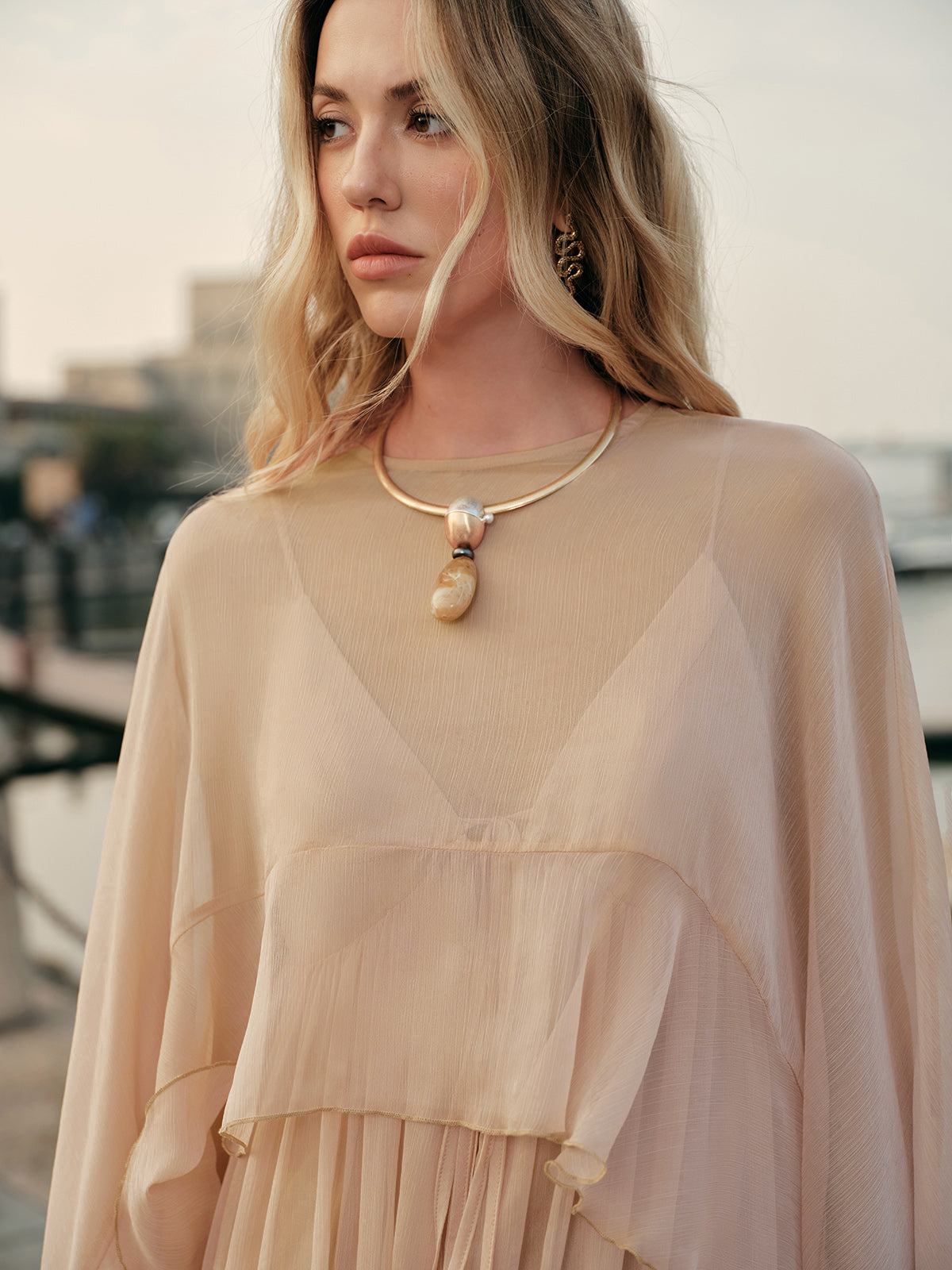 Semi-Sheer Chiffon Layered Dress With Cloak